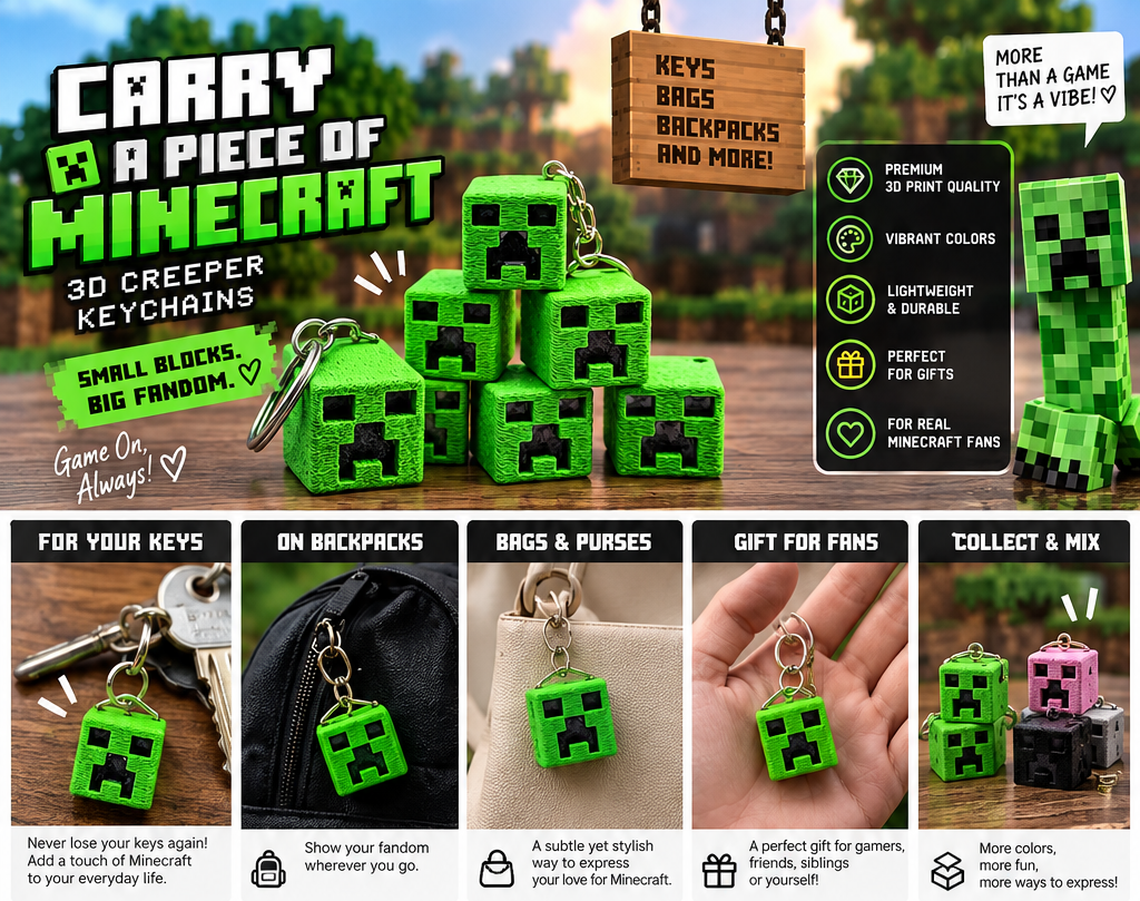 Creeper  Keychain | MinecraftGamer Keyring for Keys, Bags & Backpacks