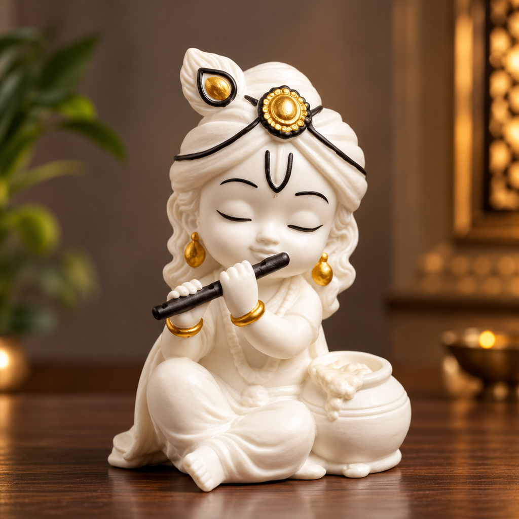 Krishna Ji Murti | Beautiful Bal Krishna Flute Statue for Pooja Room & Home Decor