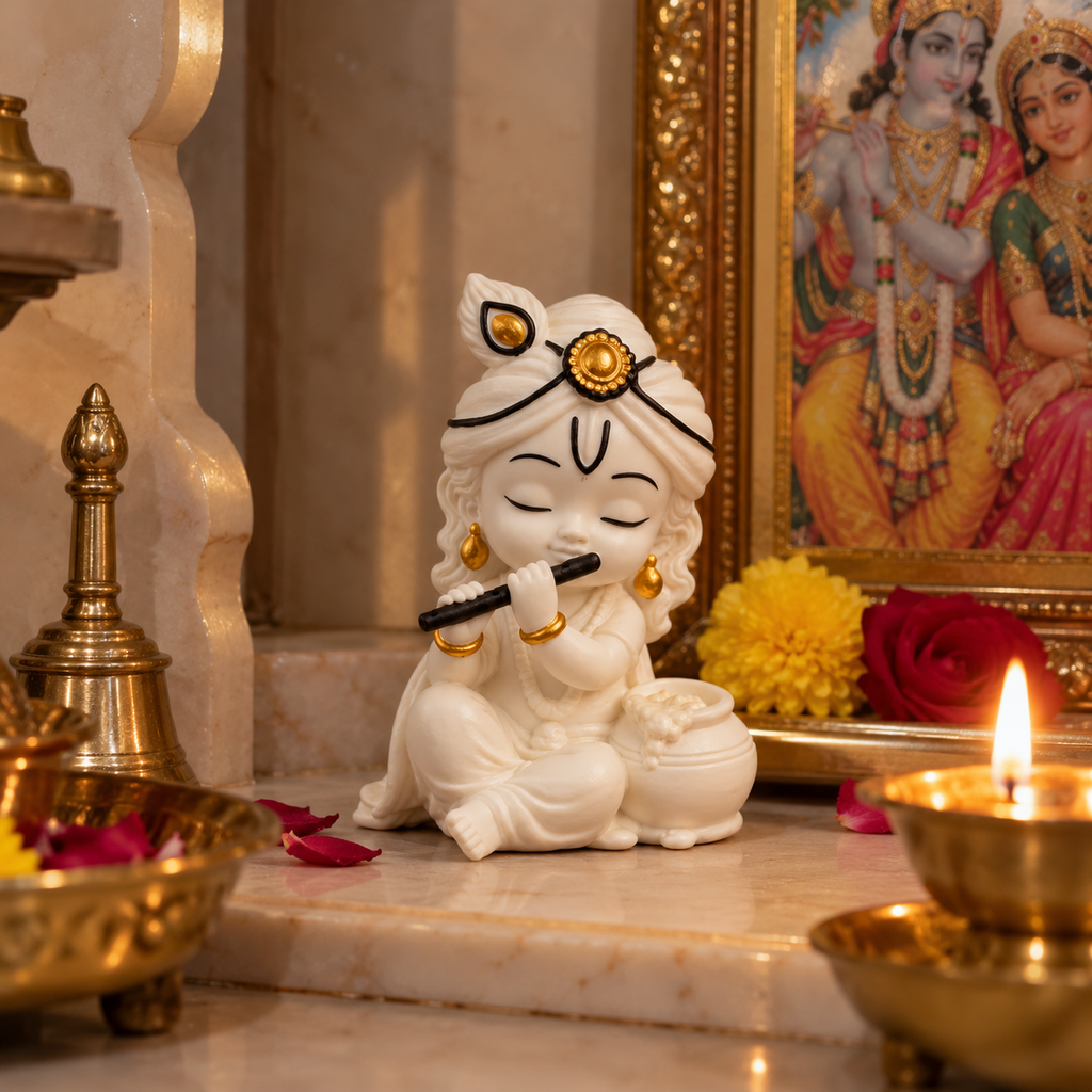 Krishna Ji Murti | Beautiful Bal Krishna Flute Statue for Pooja Room & Home Decor