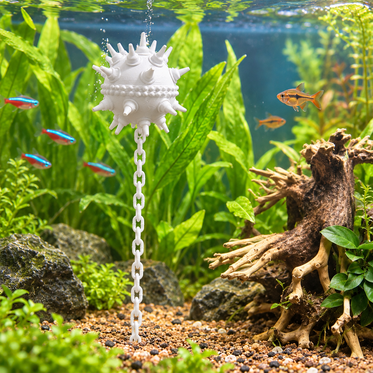 White Spiked Aquarium Ornament with Hanging Chain