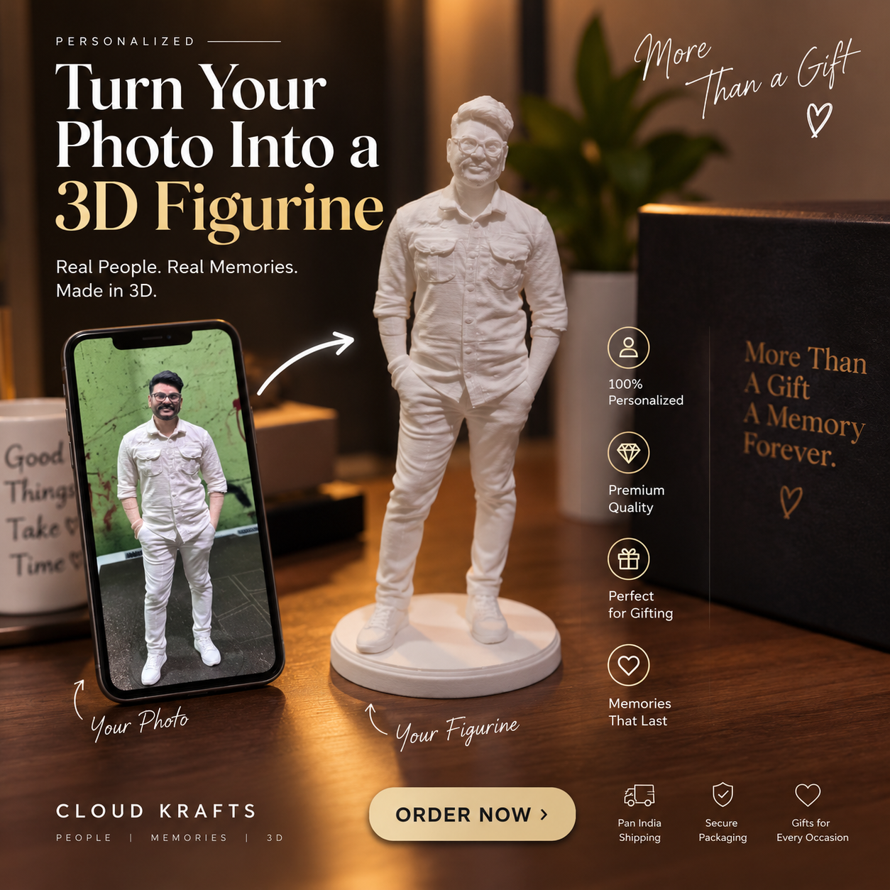 Custom 3D Photo Figurine – Personalized 3D Printed Statue (1 person )
