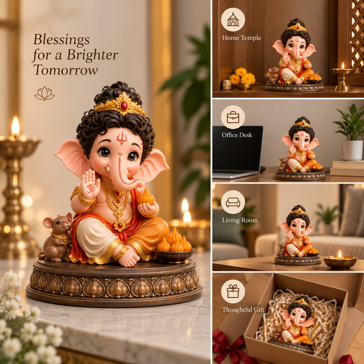 Cute Ganesha Ji 3D Printed Idol | Premium Decorative Bappa Murti for Home, Office & Gifting
