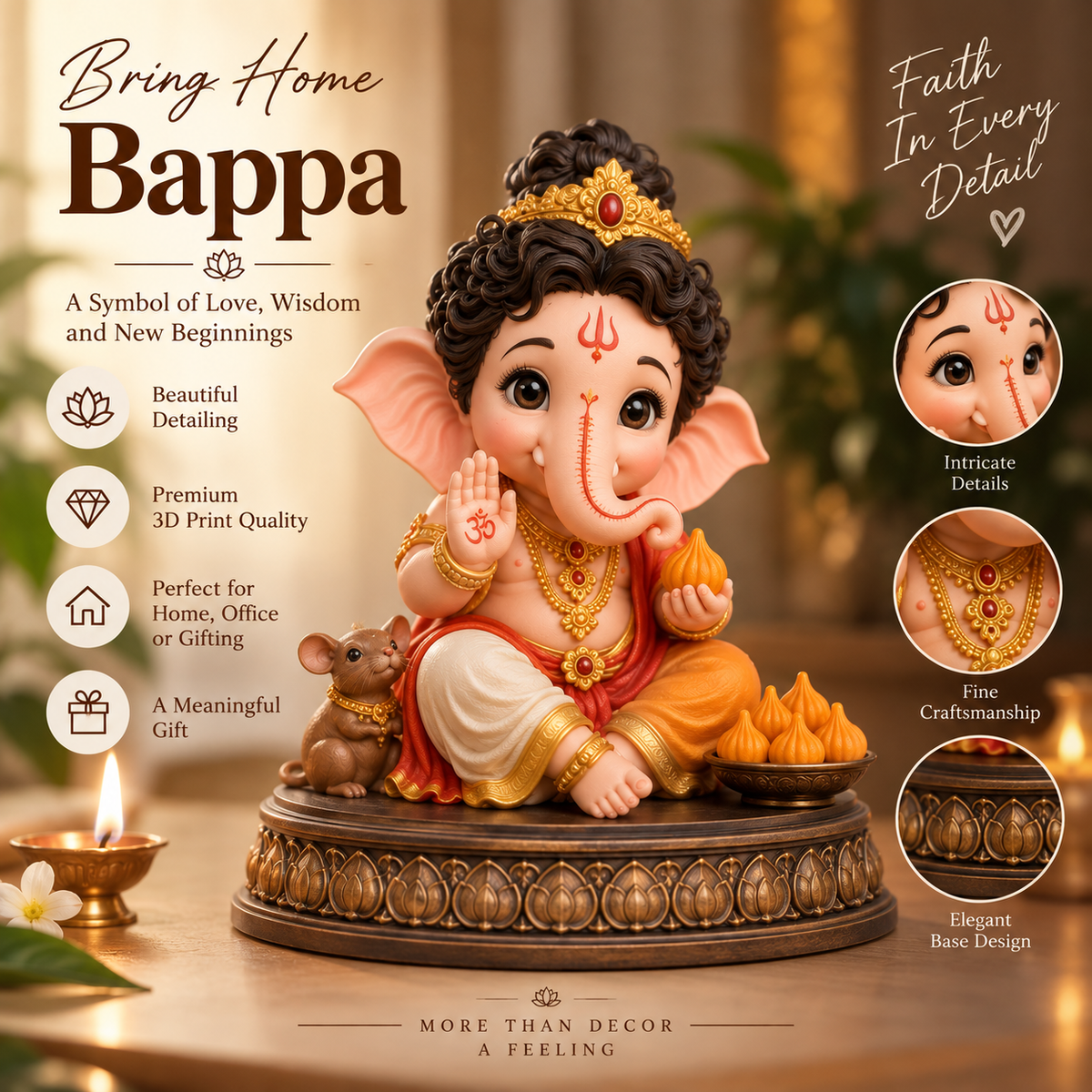 Cute Ganesha Ji 3D Printed Idol | Premium Decorative Bappa Murti for Home, Office & Gifting