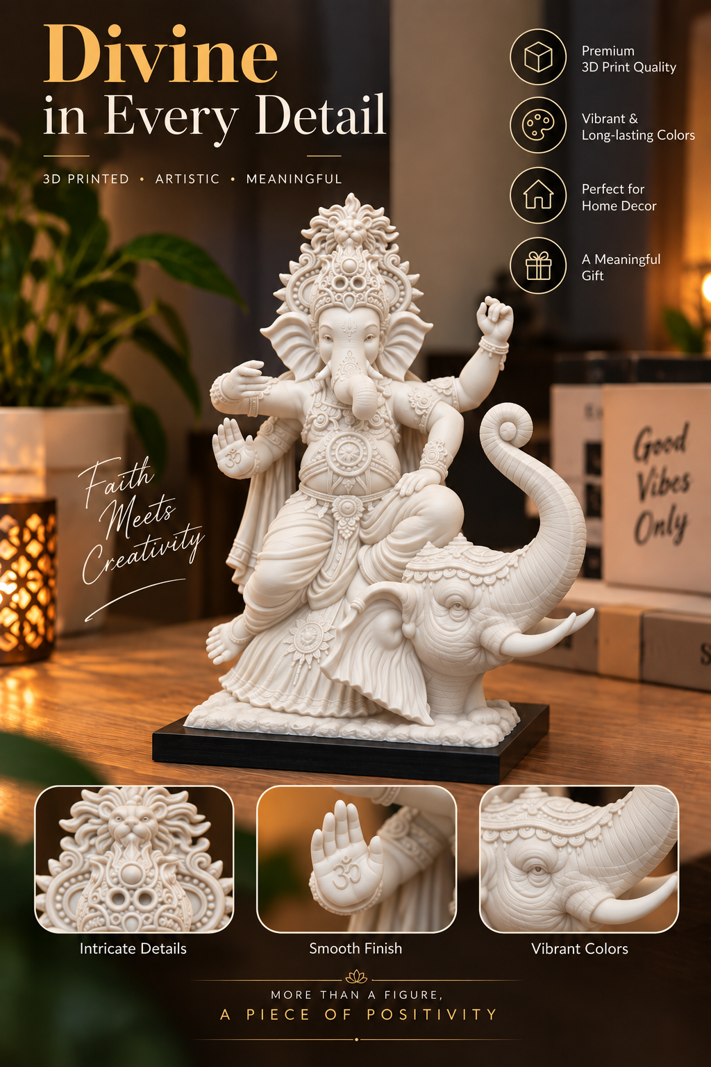 Divine Ganesha – Premium 3D Printed Statue | Intricate Detail & Elegant Finish